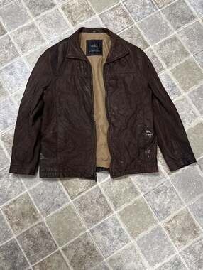 R&O Brand by Reilly Olmes Men's Brown Distressed Genuine Leather Jacket Size Lar
